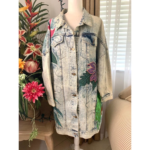 Vintage Jackets & Coats Vintage Acid Wash Painted Parrots Art